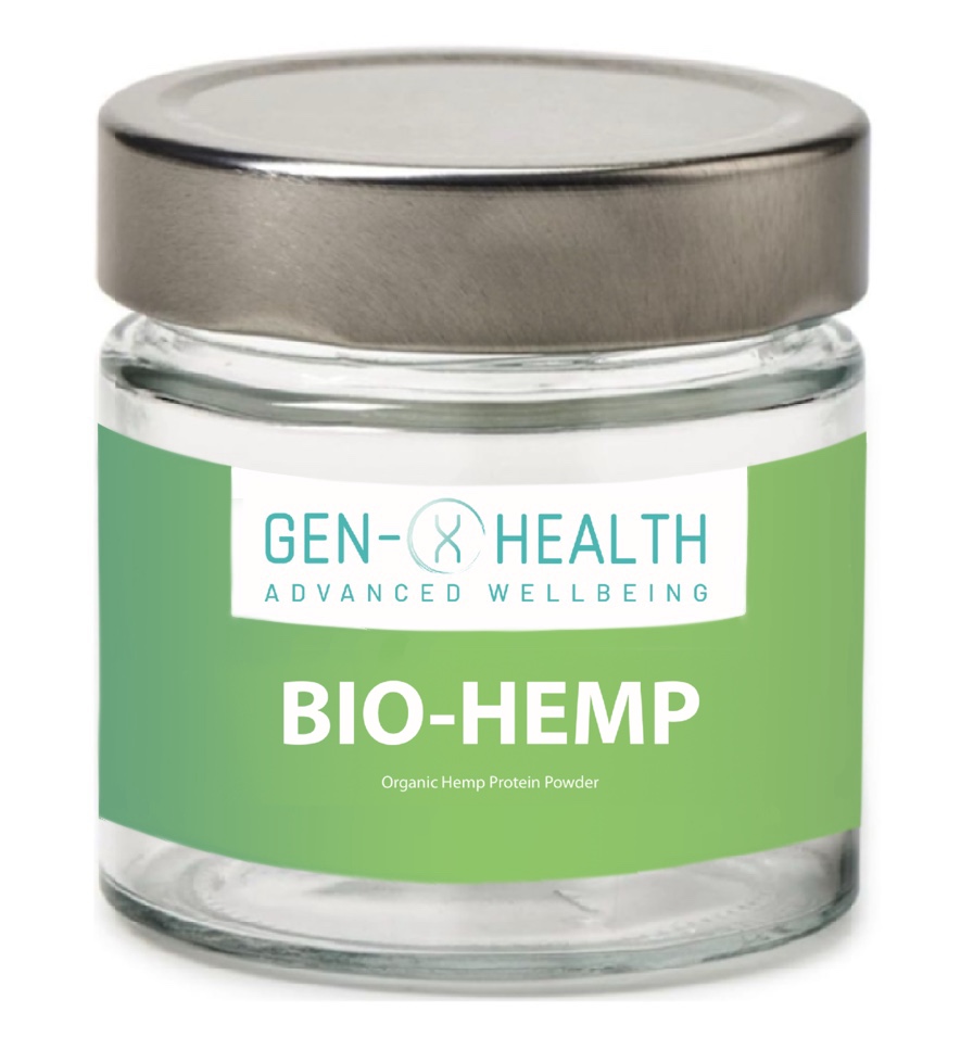 Bottle of GenXHealth Bio‑Hemp vegan hemp oil capsules providing omega fatty acids for energy, digestion, and inflammation support