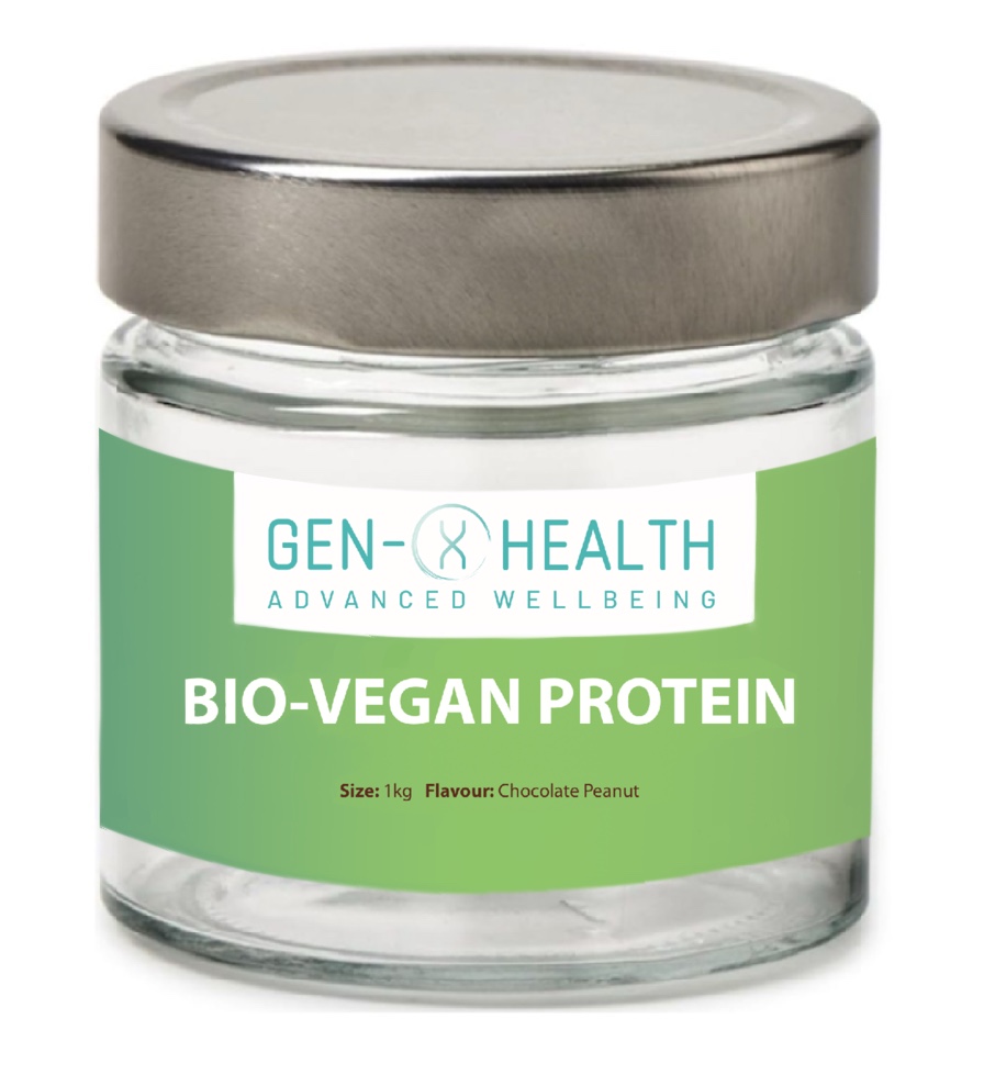 Tub of GenXHealth Bio‑Vegan Protein plant‑based powder for lean muscle maintenance and immune support
