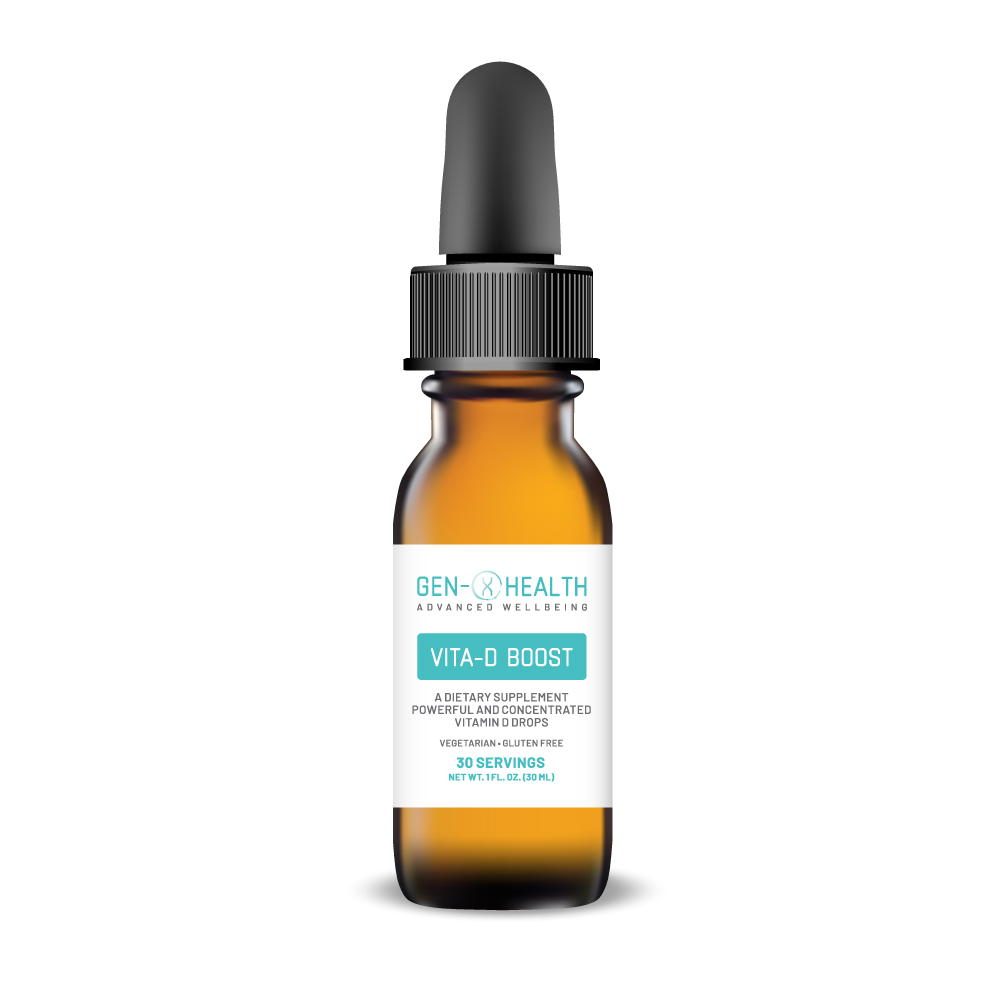 Bottle of GenXHealth Vita‑D Boost vitamin D supplement capsules for bone health and immune support