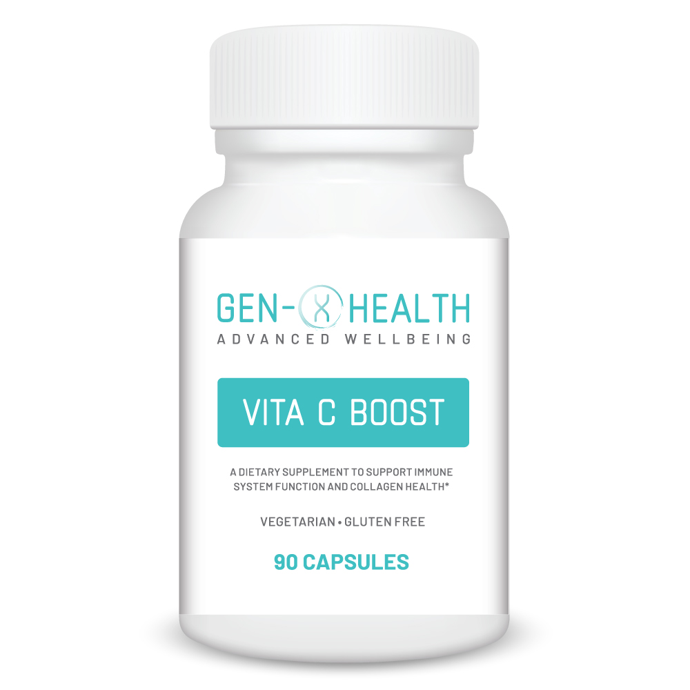 Bottle of GenXHealth Vita C Boost high‑potency vitamin C supplement capsules for immune defense and antioxidant protection