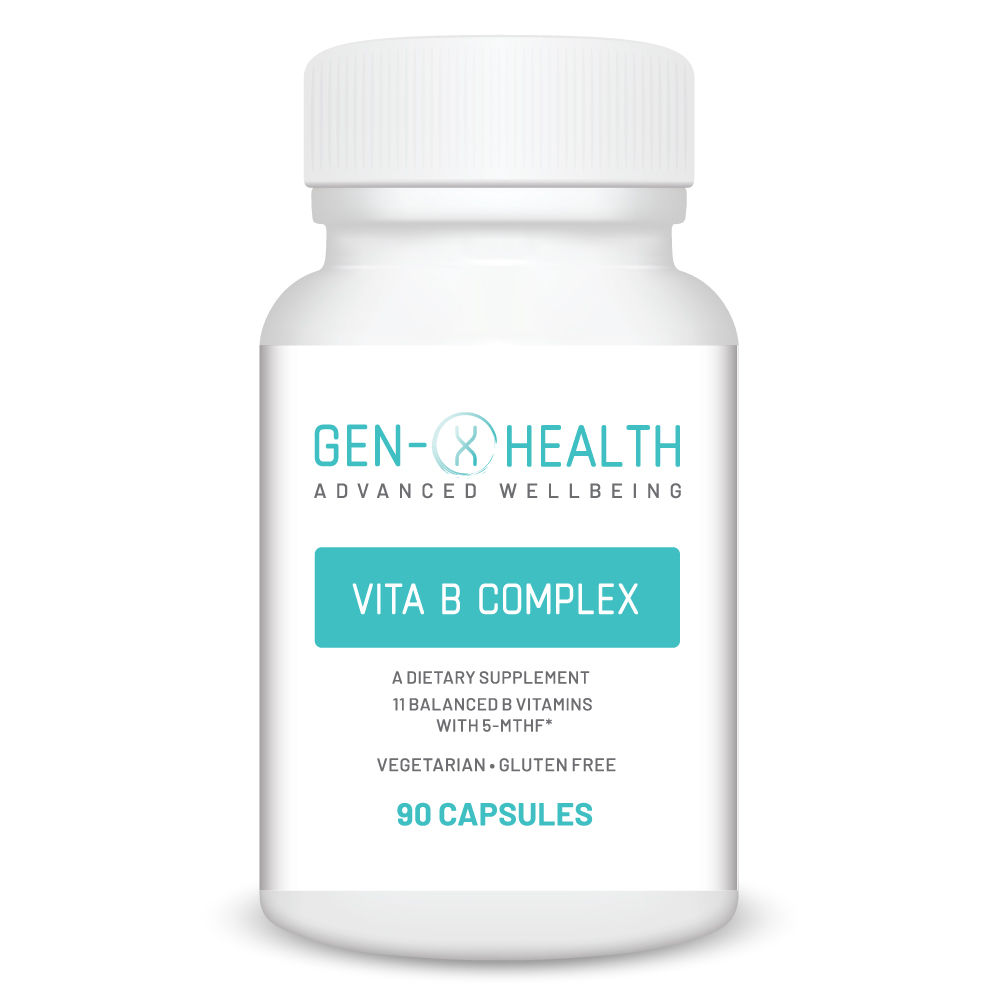 Bottle of GenXHealth Vita B Complex supplement capsules to support nerve function and relaxation