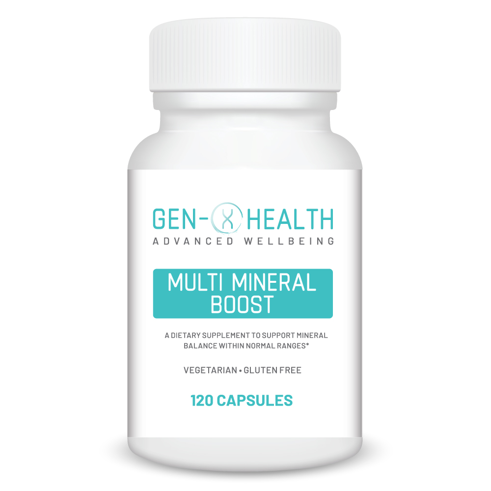Bottle of GenXHealth Multi Mineral Boost supplement capsules with essential minerals for overall health and vitality