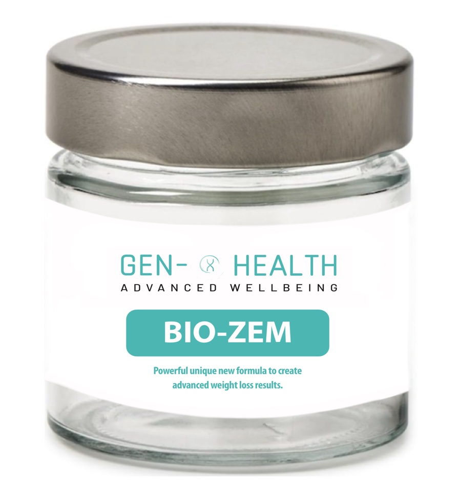 Bottle of GenXHealth Bio Zem 60 Capsules weight loss supplement formulated to reduce fat accumulation and boost mood