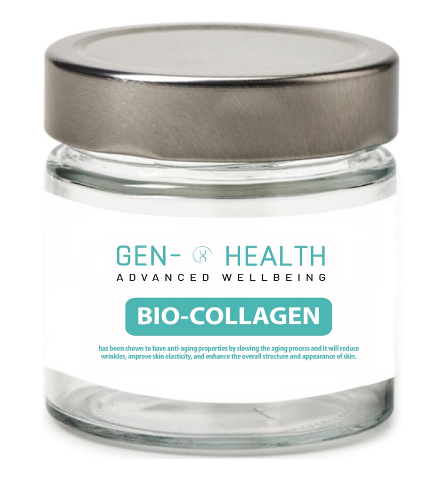 Jar of GenXHealth Bio Collagen Powder with hydrolyzed peptides and vitamin C for skin, hair, and joint support