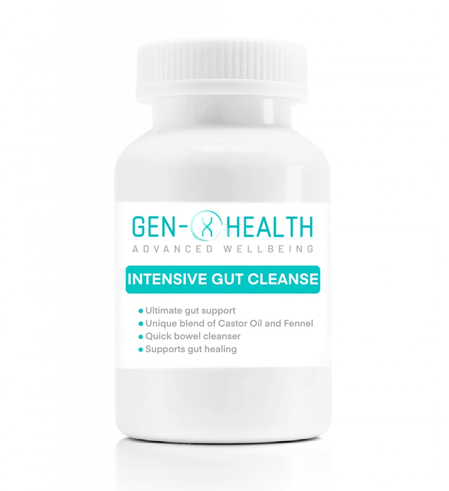 Bottle of GenXHealth Intensive Gut Cleanse herbal supplement capsules with castor oil and fennel for gut detox